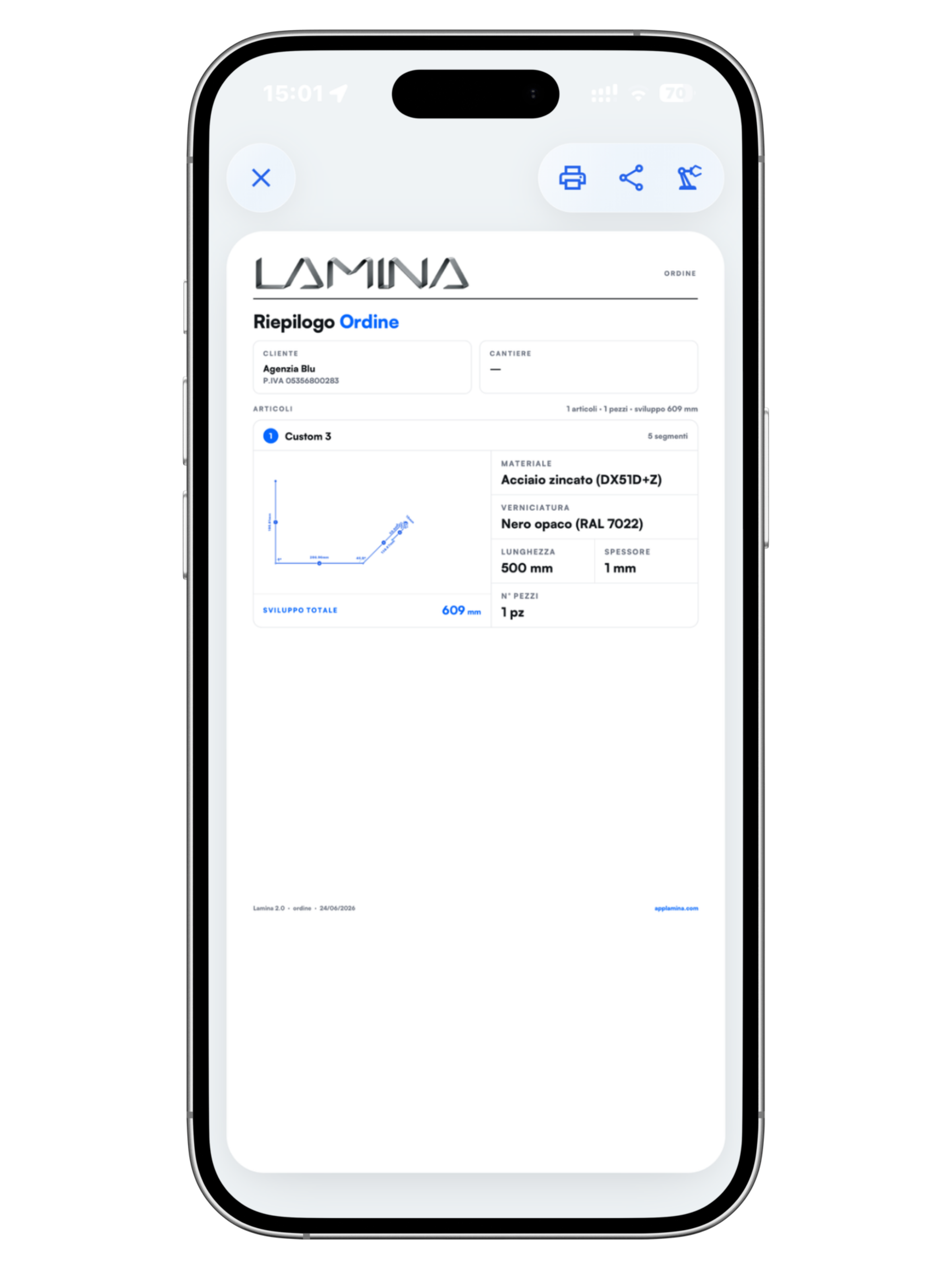 Lamina: riepilogo ordine PDF con disegno tecnico