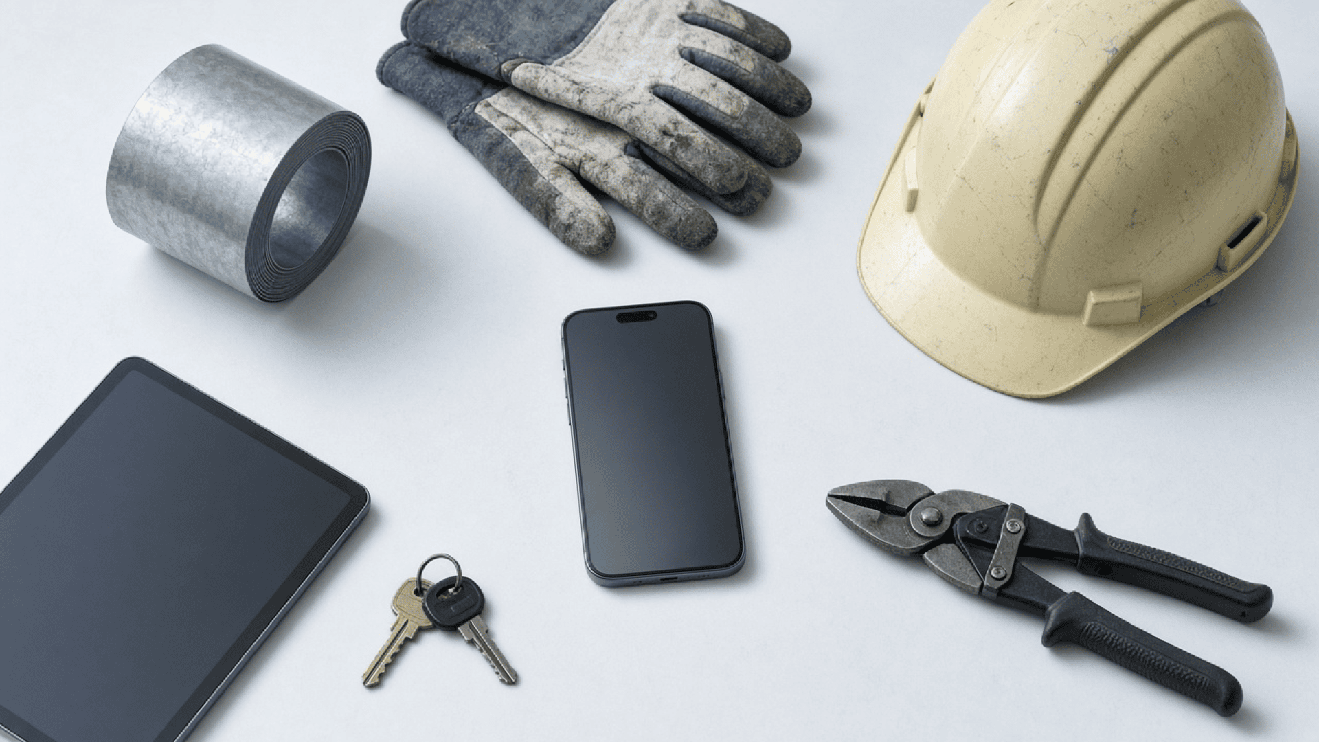 Coil, guanti, elmetto, tablet, telefono e cesoie da lattoniere